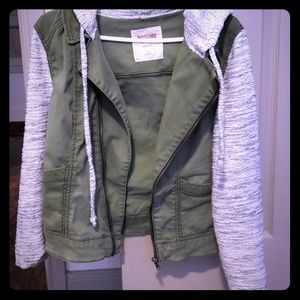 Olive green & cream colored jacket w/hoodie